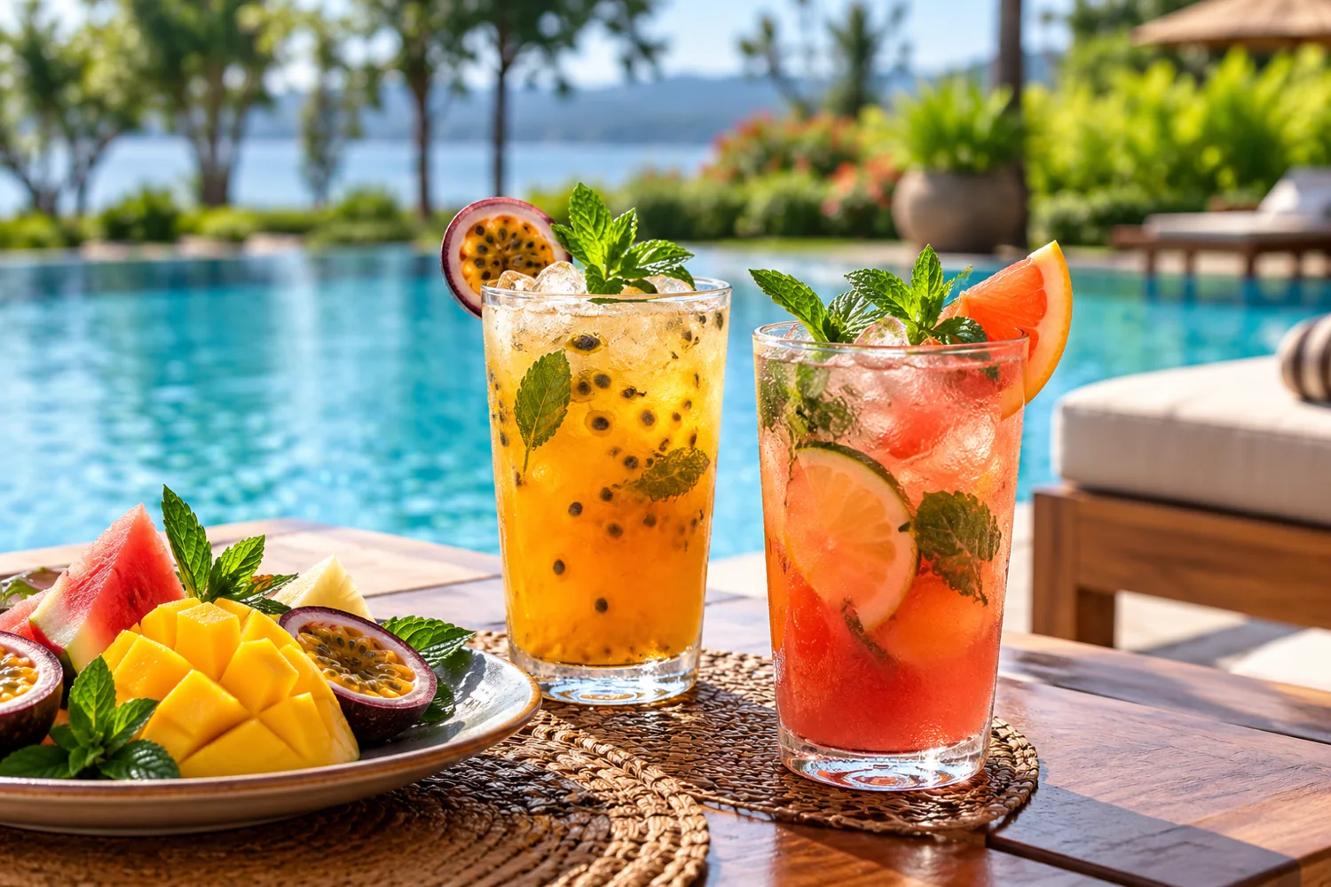 Bright passion fruit and citrus drinks served by a resort swimming pool